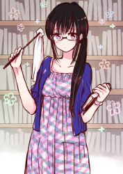 Rule 34 | 1girl, black hair, blouse, blue shirt, blush, book, breasts, collarbone, dress, duster, expressionless, glasses, himawari-san, himawari-san (character), holding, holding book, indoors, library, long dress, long hair, looking at viewer, open clothes, plaid, plaid dress, ponytail, purple eyes, shirt, small breasts, solo, standing, sugano manami, w arms, watch, wristwatch