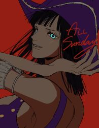Rule 34 | 1girl, absurdres, armpits, back, black hair, blue eyes, breasts, commentary request, cowboy hat, crop top, cross-laced clothes, english text, hat, highres, large breasts, looking at viewer, medium hair, nico robin, nsgw, one piece, purple hat, red background, simple background, smile, solo, teeth, underboob