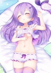 Rule 34 | 1girl, arm up, azur lane, bed sheet, blush, breasts, camisole, closed eyes, commentary request, crop top, drooling, frilled shorts, frills, hair between eyes, hair ornament, highres, javelin (azur lane), javelin (operation: pillow fight!) (azur lane), kokone (coconeeeco), long hair, lying, midriff, navel, on back, parted lips, pillow, purple hair, purple thighhighs, ribbon-trimmed shorts, ribbon trim, saliva, short shorts, shorts, sleeping, small breasts, solo, thighhighs, underboob, underwear, underwear only, white camisole, white shorts