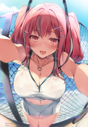 Rule 34 | 1girl, 2020, absurdres, artist name, azur lane, bare shoulders, blush, breasts, bremerton (azur lane), bremerton (scorching-hot training) (azur lane), cleavage, collarbone, commentary request, crop top, hair between eyes, hair ornament, hairclip, heart, heart necklace, heavy breathing, highres, jewelry, karory, large breasts, long hair, looking at viewer, mole, mole under eye, multicolored hair, navel, navel piercing, necklace, open mouth, outstretched arms, piercing, pink eyes, pink hair, pov, see-through, shirt, sidelocks, signature, skirt, sleeveless, sleeveless shirt, smile, sportswear, standing, streaked hair, sweat, tennis uniform, twintails, two-tone skirt, wet, wet clothes, x hair ornament