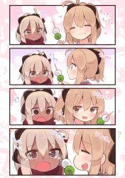 Rule 34 | 2girls, 4koma, @ @, ahoge, black bow, black scarf, bow, comic, commentary request, dango, dark-skinned female, dark skin, eating, fate/grand order, fate (series), food, hair bow, half updo, heart, highres, holding, holding food, japanese clothes, multiple girls, okita souji (fate), okita souji (koha-ace), okita souji alter (fate), okita souji alter (first ascension) (fate), red scarf, scarf, skewer, suzuki toto, translation request, wagashi, white eyes, white hair