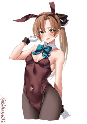 Rule 34 | 1girl, akigumo (kancolle), animal ears, aqua bow, aqua bowtie, black pantyhose, blush, bow, bowtie, brown hair, brown leotard, covered navel, cowboy shot, cropped legs, detached collar, ebifurya, fake animal ears, gloves, green eyes, highres, kantai collection, leotard, long hair, looking at viewer, mole, mole under eye, one-hour drawing challenge, open mouth, pantyhose, ponytail, rabbit ears, simple background, solo, strapless, strapless leotard, twitter username, white background, white gloves