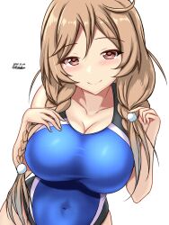 Rule 34 | 1girl, blush, braid, breasts, brown eyes, cleavage, collarbone, competition swimsuit, covered navel, dated, highres, kantai collection, large breasts, light brown hair, long hair, looking at viewer, minegumo (kancolle), montemasa, one-hour drawing challenge, one-piece swimsuit, simple background, solo, swimsuit, twin braids, twitter username, white background