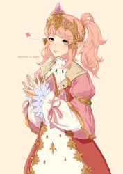 Rule 34 | 1girl, alternate species, character name, closed mouth, crown, dress, final fantasy, final fantasy xi, green eyes, highres, long sleeves, looking at viewer, nanamo ul namo, own hands together, pink dress, pink hair, pointy ears, smile, solo, syonikun, twintails