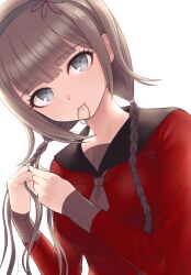 Rule 34 | 1girl, absurdres, black sailor collar, blue eyes, blunt bangs, braid, brown hair, closed mouth, grey hairband, grey neckerchief, hair tie in mouth, hairband, hands up, highres, kurumi wendy, lips, long hair, long sleeves, looking at viewer, master detective archives: rain code, mouth hold, neckerchief, red shirt, ryo (tmsm7885), sailor collar, school uniform, shirt, simple background, solo, twin braids, tying hair, upper body, white background