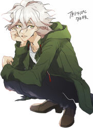 Rule 34 | 1boy, blue pants, brown footwear, closed mouth, collarbone, commentary request, danganronpa (series), danganronpa 2: goodbye despair, denim, expressionless, full body, green eyes, green hood, green jacket, green sleeves, hair between eyes, hand on own arm, hand on own cheek, hand on own face, hood, hood down, hooded jacket, jacket, jeans, komaeda nagito, lips, long sleeves, male focus, me (lililico), messy hair, pants, partial commentary, shirt, shoes, short hair, simple background, solo, squatting, translation request, white background, white hair, white shirt