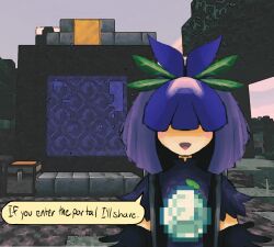 Rule 34 | 1girl, absurdres, black gloves, black hair, blush, china dress, chinese clothes, covered eyes, dress, elbow gloves, english text, flower, flower on head, gloves, grape print, highres, iesonatana, long hair, looking at viewer, minecraft, open mouth, portal (object), purple dress, purple flower, short sleeves, smile, solo, speech bubble, touhou, unfinished dream of all living ghost, vine print, yomotsu hisami