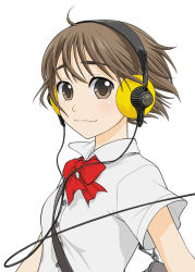 Rule 34 | 1girl, blouse, bow, bowtie, brown eyes, brown hair, collared shirt, flat chest, from side, headphone + musume, headphones, looking at viewer, ootsuka mahiro, original, red bow, red bowtie, school uniform, sennheiser, serafuku, shirt, short hair, short sleeves, simple background, solo, upper body, white background, white shirt