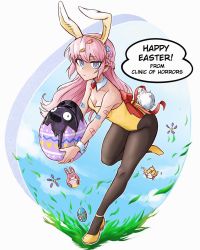 Rule 34 | 1girl, alternate costume, animal ears, bandaid, bandaid on arm, bianca abercrombie, bird, blue eyes, blue sky, bow, clinic of horrors, closed mouth, detached collar, easter, easter egg, egg, expressionless, fake animal ears, full body, grass, highres, leotard, long hair, looking at viewer, monster, pantyhose, pink hair, pink pupils, playboy bunny, pokurimio, rabbit, rabbit ears, rabbit tail, red bow, sky, standing, standing on one leg, tail, text focus, wrist cuffs, yellow footwear, yellow leotard
