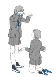 Rule 34 | 2girls, ankle socks, blazer, bob cut, closed eyes, covered face, facing another, from behind, jacket, kneeling, multiple girls, necktie, original, outstretched arms, pleated skirt, pointing, pointing at another, school uniform, shirt tucked in, shoes, shokugyo, short hair, skirt, socks, spread arms, uwabaki