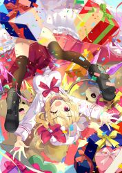 Rule 34 | 1girl, ;o, absurdres, black footwear, black thighhighs, blonde hair, bow, box, breasts, confetti, flandre scarlet, full body, gift, gift box, hat, heart-shaped box, highres, long sleeves, looking at viewer, mob cap, no panties, one eye closed, one side up, red bow, red eyes, red skirt, short hair, skirt, solo, tetsurou (fe+), thighhighs, touhou, white hat
