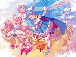 Rule 34 | 1boy, 4girls, aqua eyes, baby, belt bow, blonde hair, blue eyes, blue hair, boots, bow, brooch, butterfly earrings, cape, commentary, cure butterfly, cure prism, cure sky, cure wing, detached sleeves, dress, earrings, elbow gloves, ellee-chan, fingerless gloves, glove bow, gloves, gradient hair, green eyes, hair bow, highres, hirogaru sky! precure, jewelry, long hair, magical boy, magical girl, multicolored hair, multiple girls, nijigaoka mashiro, one eye closed, orange hair, pink hair, precure, puffy detached sleeves, puffy sleeves, purple eyes, purple hair, qianxia yell, red eyes, single sidelock, sora harewataru, swept bangs, thighhighs, translated, twintails, two-sided cape, two-sided fabric, two side up, very long hair, white bow, white dress, white gloves, white thighhighs, wing brooch, wing hair ornament