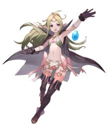 Rule 34 | 1girl, belt, cape, fire emblem, fire emblem awakening, fire emblem heroes, full body, gloves, green hair, highres, jewelry, lack, midriff, navel, nintendo, nowi (fire emblem), official art, open mouth, pink thighhighs, pointy ears, ponytail, purple eyes, shorts, simple background, smile, solo, thighhighs, tiara, transparent background, white background