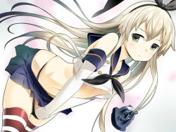 Rule 34 | 10s, 1girl, anchor, anchor hair ornament, black panties, blonde hair, blush, elbow gloves, gloves, green eyes, hair ornament, hairband, kantai collection, long hair, looking at viewer, navel, panties, personification, shimakaze (kancolle), skirt, solo, striped clothes, striped thighhighs, thighhighs, underwear, white gloves, zpolice