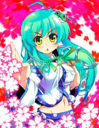 Rule 34 | 1girl, diamond mouth, alternate hairstyle, breasts, cherry blossoms, detached sleeves, covered erect nipples, female focus, fighting stance, frog, green hair, groin, hair ornament, highres, kochiya sanae, long hair, medium breasts, midriff, navel, snake, solo, sw (taco), touhou, yellow eyes