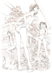 Rule 34 | 3girls, ass, barefoot, feet, female focus, full body, monochrome, multiple girls, nature, original, outdoors, school swimsuit, sketch, swimsuit, traditional media, yoshitomi akihito