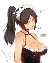 Rule 34 | 1girl, absurdres, alternate costume, artist name, bare shoulders, black choker, black dress, black hair, breasts, brown hair, choker, cleavage, dark-skinned female, dark skin, dress, earrings, english text, forehead jewel, french maid nidalee, frilled dress, frills, hair ornament, hair scrunchie, highres, jewelry, large breasts, league of legends, looking at viewer, looking to the side, maid headdress, nidalee, parted bangs, parted lips, ponytail, rude ruin, scowl, scrunchie, solo, speech bubble, upper body, white background, white scrunchie, yellow eyes