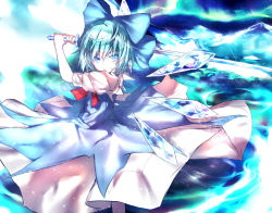 Rule 34 | 1girl, blue bow, blue dress, blue eyes, blue hair, bow, circle skirt, cirno, cowboy shot, crystal sword, dress, hair bow, highres, holding, holding sword, holding weapon, ice, ice wings, looking at viewer, puffy short sleeves, puffy sleeves, sakushou, short hair, short sleeves, solo, sword, touhou, weapon, wings