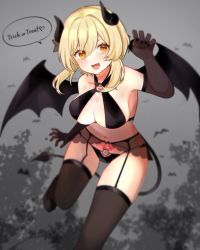 Rule 34 | 1girl, bat wings, black legwear, blonde hair, breasts, cleavage, demon girl, demon tail, demon wings, elbow gloves, english text, garter belt, garter straps, genshin impact, gloves, halloween costume, highres, kuromu shado, large breasts, looking at viewer, lumine (genshin impact), navel, open mouth, pubic tattoo, smile, solo, speech bubble, tail, tattoo, wings, yellow eyes