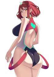 Rule 34 | 1girl, ass, ass focus, bare shoulders, black one-piece swimsuit, blush, breasts, chest jewel, competition swimsuit, earrings, gem, headpiece, highres, huge ass, jewelry, large breasts, looking at viewer, one-piece swimsuit, pyra (pro swimmer) (xenoblade), pyra (xenoblade), red eyes, red hair, short hair, solo, swept bangs, swimsuit, thighs, tiara, two-tone swimsuit, xenoblade chronicles (series), xenoblade chronicles 2, yamada hatsune