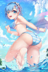 Rule 34 | 10s, 1girl, :d, ass, bare arms, bare legs, bare shoulders, barefoot, bikini, blue bikini, blue eyes, blue hair, blue sky, blunt bangs, blush, breasts, cloud, commentary request, day, eyelashes, feet, from behind, from below, hair ornament, hair ribbon, hairband, highres, holding, l.bou, leg up, looking at viewer, looking back, medium breasts, open mouth, outdoors, palm tree, pink ribbon, plant, re:zero kara hajimeru isekai seikatsu, rem (re:zero), revision, ribbon, rock, round teeth, running, short hair, sideboob, sky, smile, soles, solo, splashing, standing, striped bikini, striped clothes, swimsuit, teeth, toes, towel, tree, tsurime, upper teeth only, wading, water drop, x hair ornament