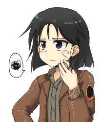 Rule 34 | 10s, 1girl, black eyes, black hair, brave witches, dress shirt, hand on own face, jacket, kanno naoe, long sleeves, makaze (t-junction), scar, shirt, short hair, solo, spoken squiggle, squiggle, strike witches, sweatdrop, world witches series