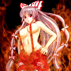 Rule 34 | 1girl, bow, breasts, female focus, fire, fujiwara no mokou, groin, hair bow, hand on own hip, hip focus, large bow, large breasts, long hair, naked suspenders, navel, no panties, red eyes, revealing clothes, silver hair, solo, suspenders, topless, touhou, very long hair, yamasan (hachiman)