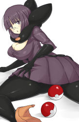 Rule 34 | 10s, 1girl, :o, alternate color, ass, bob cut, breasts, cleavage, collar, creatures (company), dress, elite four, from behind, game freak, glasses, gloves, high heels, huge breasts, komusou (jinrikisha), large breasts, miniskirt, nintendo, pantyhose, pleated skirt, poke ball, pokemon, pokemon bw, purple eyes, purple hair, purple skirt, rimless eyewear, round eyewear, shauntal (pokemon), shiny clothes, shoes, short hair, simple background, skirt, solo, thick thighs, thighs, white background