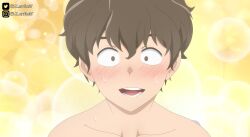 Rule 34 | 1boy, 774 (nanashi), abstract background, absurdres, bathing, blush, brown eyes, brown hair, colorized, fake screenshot, hachiouji naoto, highres, ijiranaide nagatoro-san, nude, open mouth, solo, sparkle background, third-party edit, zantle15