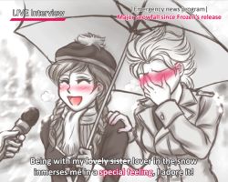 Rule 34 | 2girls, anna (frozen), blush, braid, couple, covering face, elsa (frozen), embarrassed, english text, freckles, frozen (disney), incest, interview, long hair, meme, microphone, multiple girls, murasaki-yuri, open mouth, parody, scarf, shared umbrella, short hair, siblings, sisters, smile, snow, snowing, special feeling (meme), twin braids, umbrella, winter clothes, yuri