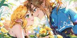Rule 34 | 1boy, 1girl, blonde hair, blue eyes, bouquet, brown hair, cat princess, champion&#039;s tunic (zelda), dress, earrings, flower, forehead-to-forehead, green eyes, heads together, jewelry, link, looking at another, nintendo, pointy ears, princess zelda, short hair, silent princess, smile, strapless, strapless dress, the legend of zelda, the legend of zelda: tears of the kingdom