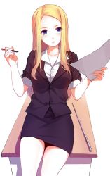 Rule 34 | 1girl, blonde hair, blue eyes, blush, caidychen, collar, collarbone, cowboy shot, desk, dress shirt, emma (caidychen), formal, highres, jacket, lips, long hair, office lady, original, paper, pen, pencil skirt, pointer, shirt, simple background, sitting, skirt, skirt suit, sleeves rolled up, solo, suit, white background