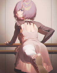 1girl ballerina ballet ballet_slippers barre black_shirt camisole commentary fajyobore fate/grand_order fate_(series) foreshortening hand_on_railing highres leaning_forward long_sleeves looking_at_viewer looking_back mash_kyrielight median_furrow outstretched_leg pants parted_lips pink_camisole pink_pants pink_skirt pink_thighhighs purple_eyes purple_hair shirt short_hair shoulder_blades shrug_(clothing) skirt sleeves_past_wrists solo thighhighs