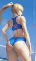 Rule 34 | 1girl, adapted costume, ass, back, bare shoulders, beach, bikini, blonde hair, blue bikini, blue eyes, blue sky, closed mouth, commentary, contrapposto, cowboy shot, english commentary, floating hair, from behind, hand on own thigh, long hair, looking at viewer, looking back, meekohopanes, metroid, nintendo, patreon logo, patreon username, samus aran, sky, solo, swimsuit, tankini, thighs, volleyball net, watermark, web address