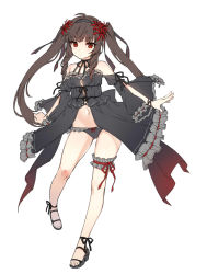Rule 34 | 1girl, bad id, bad pixiv id, bare shoulders, black dress, black panties, bow, bow panties, bridal garter, brown hair, detached sleeves, dress, female focus, flower, frilled sleeves, frills, full body, gluteal fold, hair flower, hair ornament, hairband, highres, lily bloomerchen, long hair, looking at viewer, navel, neck ribbon, panties, red eyes, ribbon, sandals, simple background, solo, soulworker, tama (tamatamo), twintails, underwear, very long hair, white background