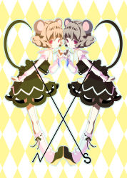 Rule 34 | 2girls, alternate color, animal ears, bad id, bad pixiv id, dual persona, female focus, full body, grey hair, jewelry, mouse ears, mouse tail, multiple girls, nazrin, pendant, red eyes, ruiruiru, short hair, standing, symmetry, tail, touhou