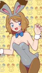 Rule 34 | 1girl, animal ears, bad id, bad pixiv id, blue eyes, blush, bow, bowtie, breasts, brown hair, bunnelby, bunnelby (cosplay), cleavage, cosplay, creatures (company), embarrassed, fake animal ears, game freak, gen 6 pokemon, leotard, looking at viewer, moyori, nervous smile, nintendo, pantyhose, playboy bunny, pokemon, pokemon (anime), pokemon xy (anime), rabbit ears, rabbit girl, serena (pokemon), short hair, smile, solo