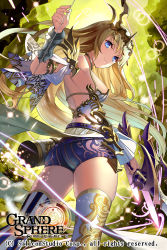 Rule 34 | 1girl, armor, ass, blonde hair, blue eyes, boots, breasts, copyright name, from below, gaou (umaiyo puyoman), garter straps, grand sphere, hair ornament, highres, holding, holding weapon, long hair, looking at viewer, medium breasts, original, purple shorts, shorts, sideboob, smile, solo, thigh boots, thighhighs, watermark, weapon