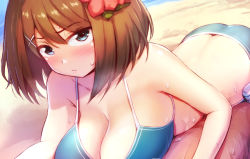 Rule 34 | 1girl, ass, beach, bikini, blue bikini, blue eyes, breasts, brown hair, commentary request, flower, hair flower, hair ornament, hairclip, hhh (wave), kantai collection, large breasts, looking at viewer, lying, maya (kancolle), on stomach, short hair, solo, sweat, swimsuit, x hair ornament