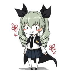 Rule 34 | 10s, 1girl, anchovy (girls und panzer), anzio school uniform, black cape, black skirt, cape, chimaki., dress shirt, drill hair, full body, girls und panzer, green hair, grin, long hair, long sleeves, pantyhose, pleated skirt, school uniform, shirt, simple background, skirt, smile, solo, standing, twin drills, twintails, white background, white shirt