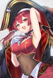 Rule 34 | 1girl, arm up, armpits, black coat, black hat, breasts, cleavage, coat, commentary request, gloves, hair between eyes, hair ribbon, hat, heterochromia, highres, hololive, houshou marine, jacket, konatsu hare, long hair, pirate hat, red eyes, red hair, red jacket, red ribbon, red skirt, ribbon, see-through, see-through cleavage, simple background, skirt, sleeveless, sleeveless jacket, solo, virtual youtuber, white background, white gloves, yellow eyes