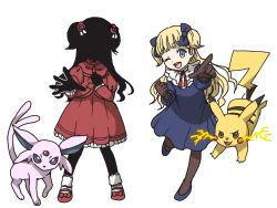 Rule 34 | 2girls, black gloves, black pantyhose, blue bow, blue dress, blue footwear, bow, center frills, chuchi, commentary request, creatures (company), crossover, dress, emilico (shadows house), espeon, flower, frilled socks, frills, full body, game freak, gen 1 pokemon, gen 2 pokemon, gloves, hair bow, hair flower, hair ornament, hair ribbon, highres, kate (shadows house), long sleeves, mary janes, multiple girls, nintendo, one eye closed, open mouth, pantyhose, petticoat, pikachu, pointing, pokemon, pokemon (creature), red dress, red flower, red footwear, red rose, ribbon, rose, shadows house, shoes, simple background, smile, socks, two side up, white background, white ribbon