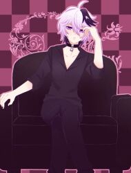 1girl androgynous bass_clef black_nails black_pants black_shirt checkered_background choker commentary cosplay couch crossed_legs dress_shirt english_commentary expressionless flat_chest flower_(vocaloid) flower_(vocaloid4) guilty_(module) hand_on_own_face highres kaito_(vocaloid) kaito_(vocaloid)_(cosplay) on_couch pants project_diva_(series) purple_eyes shirt short_hair solo tomboy vflovver vocaloid