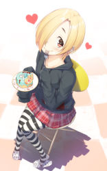 Rule 34 | 1girl, black hoodie, blonde hair, blush, brown eyes, cake, candle, chair, checkered floor, commentary, dirty, dirty clothes, earrings, eating, food, fork, from above, full body, hair over one eye, happy birthday, heart, heibonkaeru, highres, holding, holding fork, holding plate, hood, hood down, hoodie, idolmaster, idolmaster cinderella girls, jewelry, knees together feet apart, looking at viewer, plaid, plaid skirt, plate, shirasaka koume, short hair, sitting, skirt, skull earrings, skull print, sleeves past fingers, sleeves past wrists, slippers, smile, solo, striped clothes, striped thighhighs, thighhighs