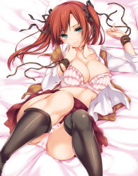 Rule 34 | 1girl, bed sheet, black thighhighs, blush, bra, breasts, cleavage, green eyes, hair ribbon, highres, large breasts, long hair, lying, monety, on back, on bed, open clothes, original, panties, pillow, pink bra, pink panties, red hair, ribbon, skirt, solo, tears, thighhighs, twintails, underwear
