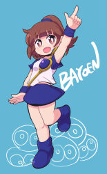 Rule 34 | 1girl, :d, absurdres, arle nadja, arm up, blue background, blue footwear, blue shirt, blue skirt, blue wristband, blunt bangs, boots, breasts, bright pupils, brown eyes, brown hair, full body, highres, leg up, madou monogatari, open mouth, ponytail, puyo (puyopuyo), puyopuyo, seseringo, shirt, short hair, short sleeves, simple background, skirt, slime (creature), small breasts, smile, solo, standing, standing on one leg, vest, white pupils, white vest, wristband