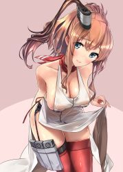 Rule 34 | 10s, 1girl, absurdres, adapted costume, apron, baffu, blue eyes, blush, breast pocket, breasts, brown hair, cleavage, collarbone, dress, funnel, garter straps, highres, kantai collection, large breasts, leaning forward, long hair, looking at viewer, magazine (weapon), naked apron, neckerchief, pink background, pocket, ponytail, red neckerchief, red thighhighs, saratoga (kancolle), shiny skin, side ponytail, sideboob, skindentation, smile, smokestack, solo, sweat, thigh strap, thighhighs