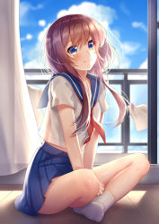 Rule 34 | 1girl, absurdres, blue eyes, blue sailor collar, blue skirt, blue sky, blurry, blurry background, blush, brown hair, closed mouth, cloud, commentary, curtains, day, depth of field, hair between eyes, highres, indoors, long hair, looking at viewer, midriff peek, neckerchief, no shoes, original, pleated skirt, red neckerchief, sailor collar, school uniform, serafuku, shirt, short sleeves, sitting, skirt, sky, sll, socks, solo, very long hair, white shirt, white socks