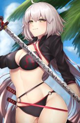 Rule 34 | 1girl, absurdly long hair, ahoge, bikini, black bikini, black gloves, blue sky, blush, breasts, cleavage, cloud, covered erect nipples, day, fate/grand order, fate (series), floating hair, gloves, hair between eyes, highres, holding, holding sword, holding weapon, jeanne d&#039;arc alter (swimsuit berserker) (fate), jeanne d&#039;arc (fate), jeanne d&#039;arc alter (fate), jeanne d&#039;arc alter (swimsuit berserker) (fate), katana, large breasts, long hair, o-ring, o-ring bikini, outdoors, palm tree, shrug (clothing), silver hair, sky, smile, solo, standing, swimsuit, sword, tree, twintails, very long hair, weapon, yayoi maka, yellow eyes