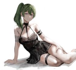 Rule 34 | 1girl, arm support, belt, black belt, black skirt, breasts, closed mouth, feet out of frame, green hair, highres, looking at viewer, lying, medium breasts, miniskirt, on side, pleated skirt, purple eyes, raberu ruru, shirt, side ponytail, skirt, sleeveless, sleeveless shirt, smile, solo, sousou no frieren, thighs, ubel (sousou no frieren)